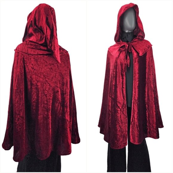 Von Lancelot Hooded Crushed Red Velvet Cape Cloak Halloween 40"L One SZ Costume - Picture 3 of 10